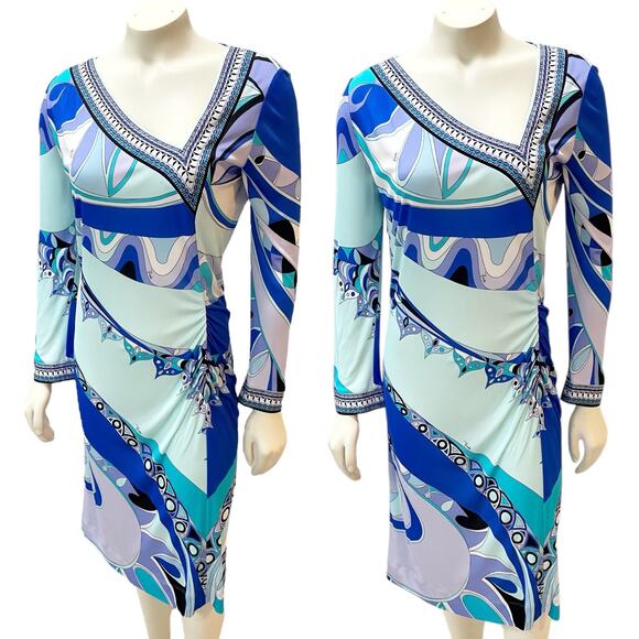 Emilio Pucci Printed Jersey Silk Knee Length Dress Blue Purple Sz 12 - Picture 1 of 13